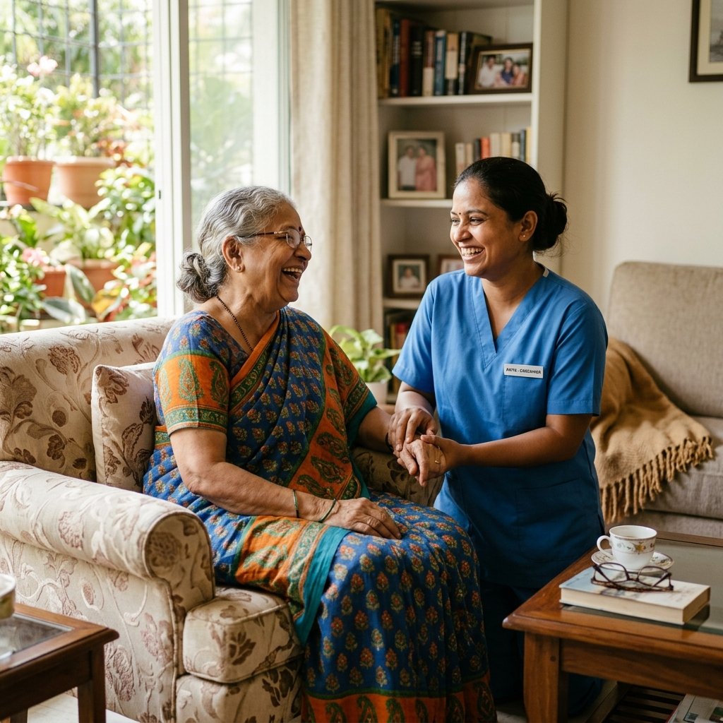Smiling elderly senior in cognitive wellness companion care