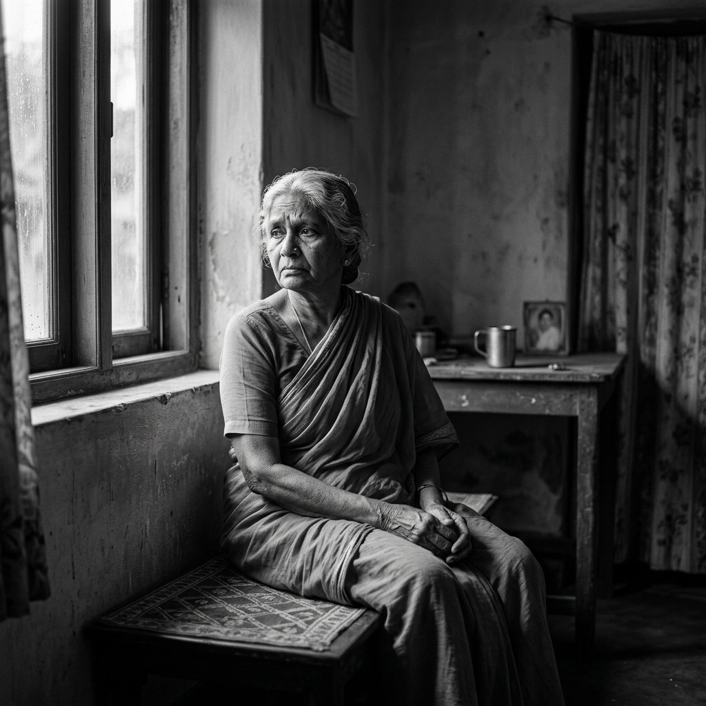 Sad elderly lady sitting alone before Luniq elder care