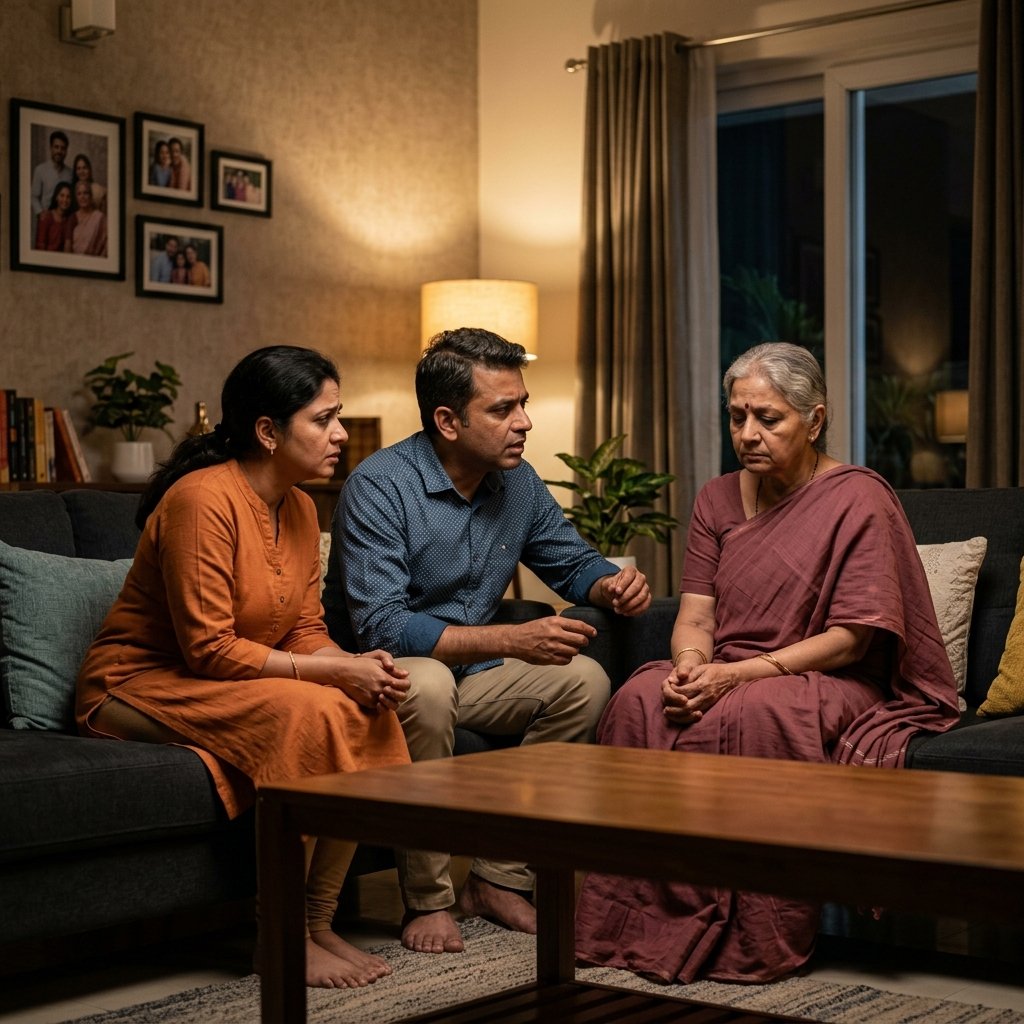 Worried family discussing care of senior parents